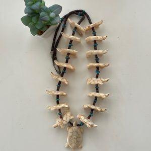 🔥VTG Zuni Turtle Fetish Bone Necklace w/Turquoise & Brown Heishi Beads
